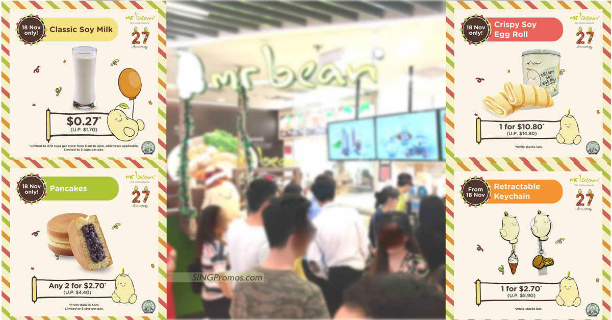 Featured image for Mr Bean offering $0.27 Classic Soy Milk (U.P. $1.70), 2 pancakes @ $2.70 (U.P. $4.40) and more on 18 Nov 2022
