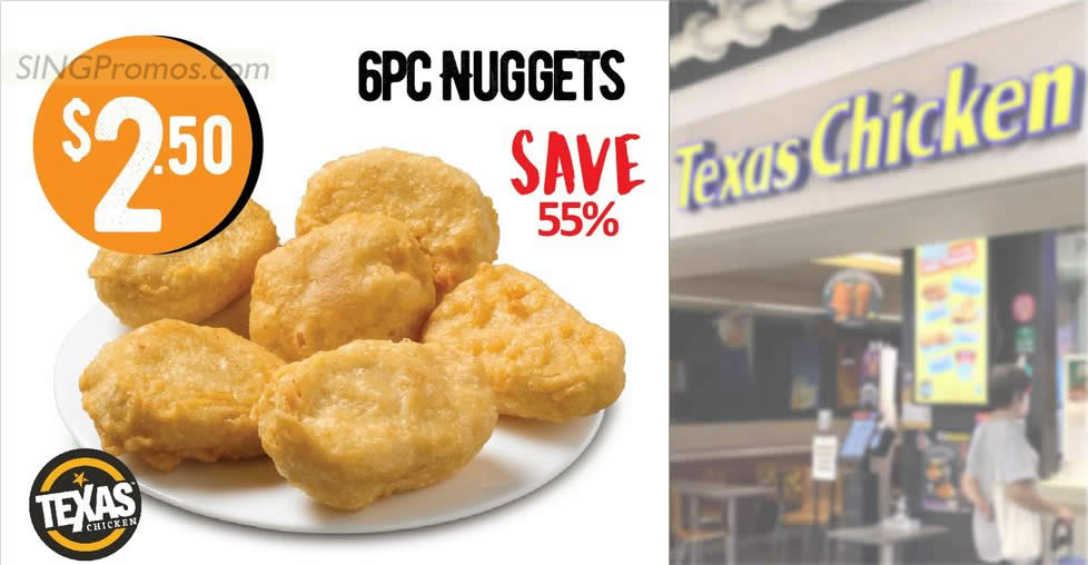 Featured image for Texas Chicken S'pore offering $2.50 6pc Nuggets (55% off) on Wed, 23 Nov 2022