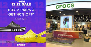 Featured image for Crocs S’pore offering 40% OFF when you buy two or more pairs (select styles) 12.12 online sale till 12 Dec 2022