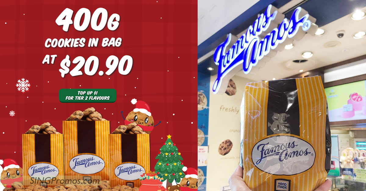 Featured image for Famous Amos S'pore selling 400g cookies at S$20.90 from 5 Dec 2023