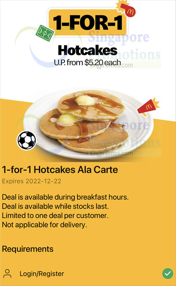 Lobang: McDonald’s S’pore App has a 1-for-1 Hotcakes breakfast deal on Thursday, 22 Dec 2022 - 15