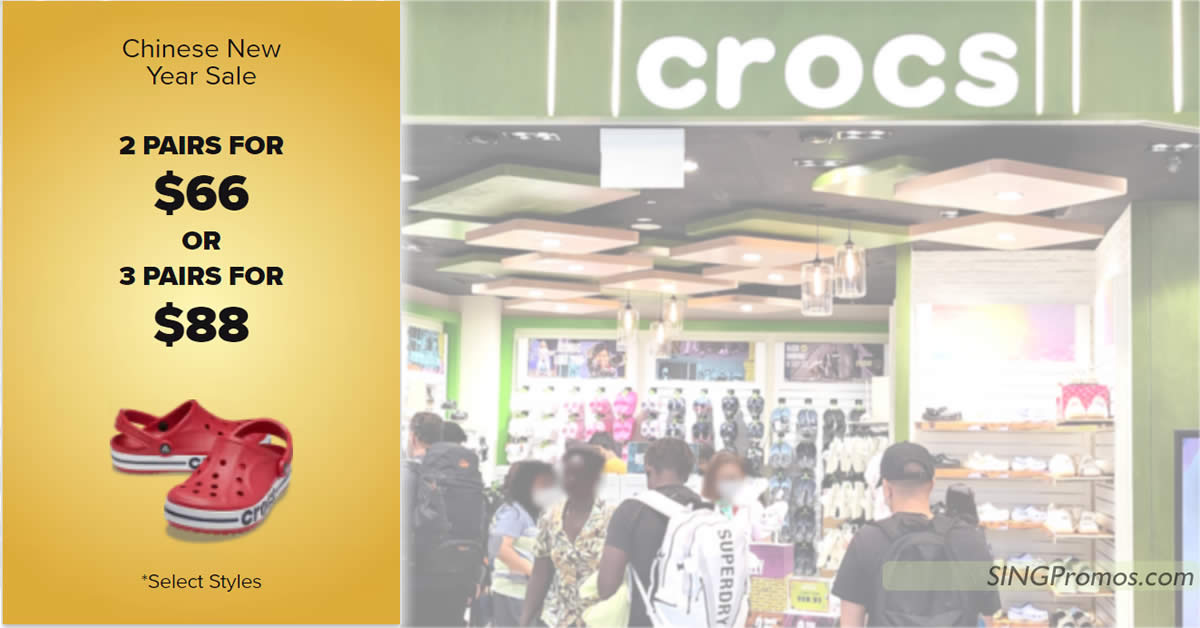 Featured image for Crocs S'pore CNY sale offers 2 Pairs for $66; 3 Pairs for $88; 28% Off Select Jibbitz™ online till 17 Jan 2023