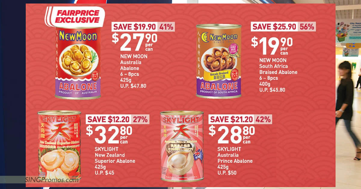 Featured image for Fairprice CNY Offers till 25 Jan: New Moon Abalone, Skylight Abalone, Nescafe, Yeo's, Pokka and more