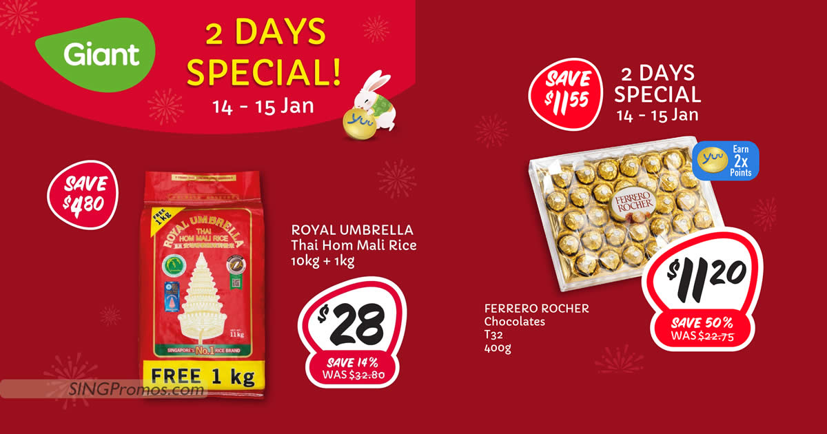 Featured image for Giant 2-Days CNY Specials till 15 Jan - Ferrero Rocher T32 and Royal Umbrella Thai Hom Mali Rice