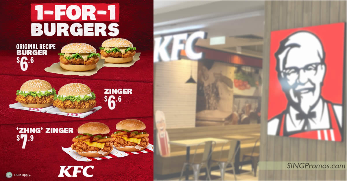Featured image for KFC S'pore offering 1-for-1 Zinger, Original Recipe Burger and 'Zhng' Zinger from 3 - 6 Jan 2023