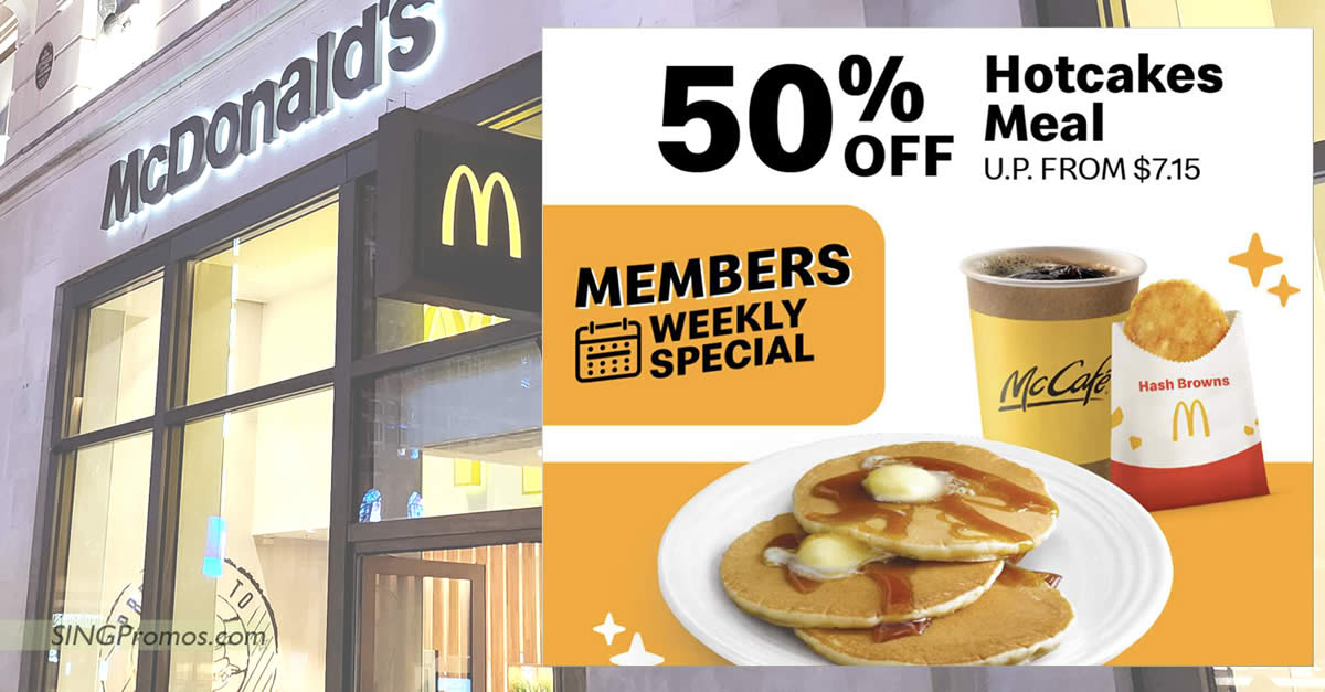 Featured image for McDonald's S'pore App has a 50% off Hotcakes Meal breakfast deal on Monday, 13 Feb 2023