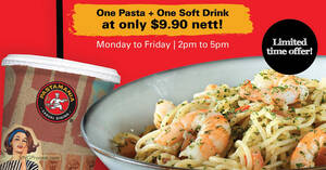 Featured image for Pastamania offering Pasta + Soft Drink combo at just $9.90 on weekdays 2pm to 5pm from 1 Feb 2023