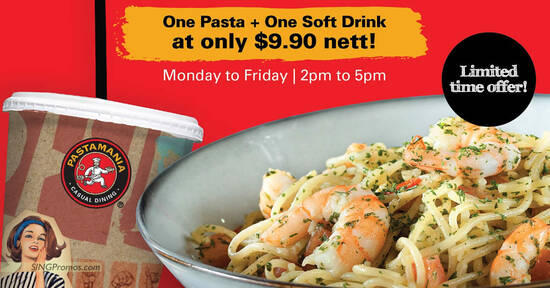 Pastamania offering Pasta + Soft Drink combo at just $9.90 on weekdays 2pm to...