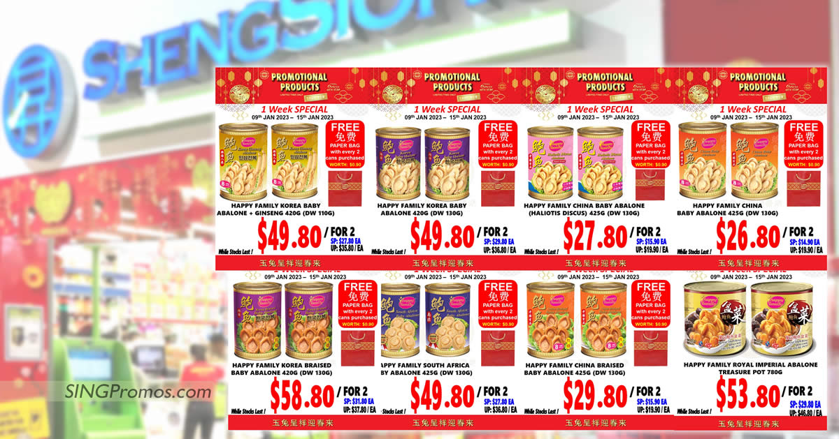 Featured image for Sheng Siong Happy Family canned abalone one week specials valid till 15 Jan 2023