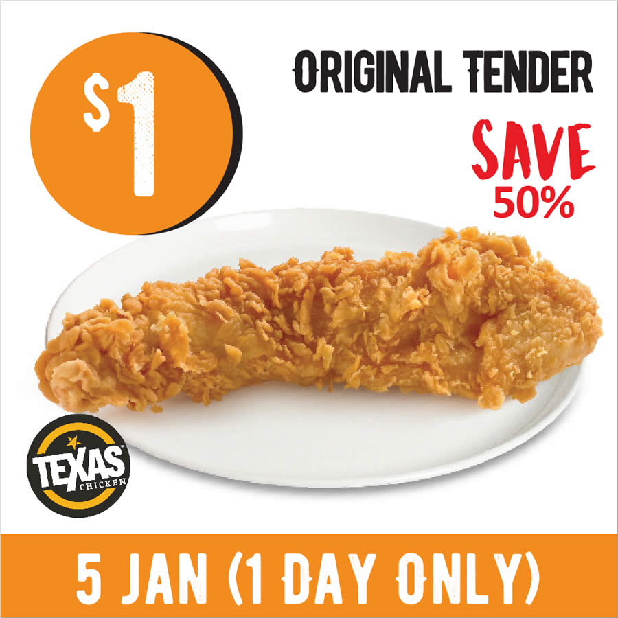 Lobang: Texas Chicken S’pore offering $1 Original Tender (50% off) on Thursday, 5 Jan 2023 - 8