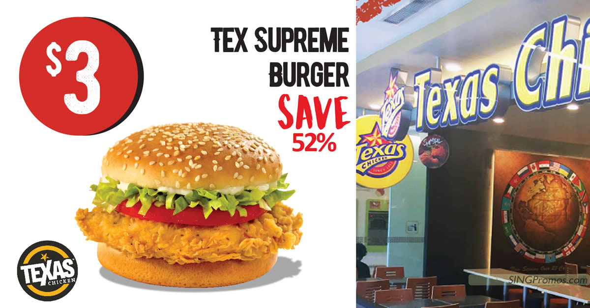 Featured image for Texas Chicken S'pore offering $3 Tex Supreme Burger (52% off) on Monday, 9 Jan 2023