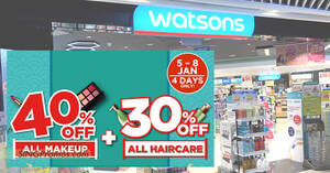 Featured image for Watsons S’pore offering 40% off on all makeup and 30% off all haircare till 8 Jan 2023