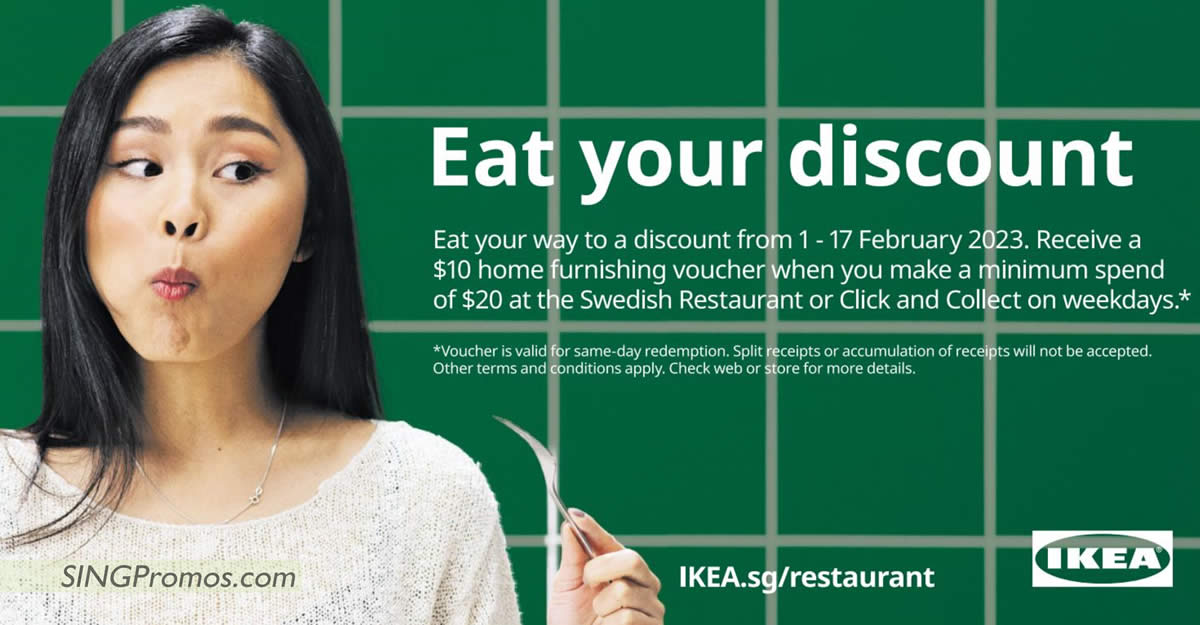 Featured image for From 1 to 17 Feb weekdays, get a $10 IKEA voucher when you spend at least $20 at the Swedish restaurant