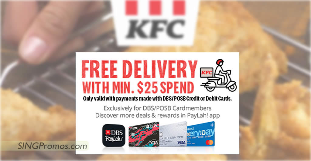 Featured image for KFC Delivery offering free delivery with DBS/POSB credit or debit cards till 28 Feb 2023
