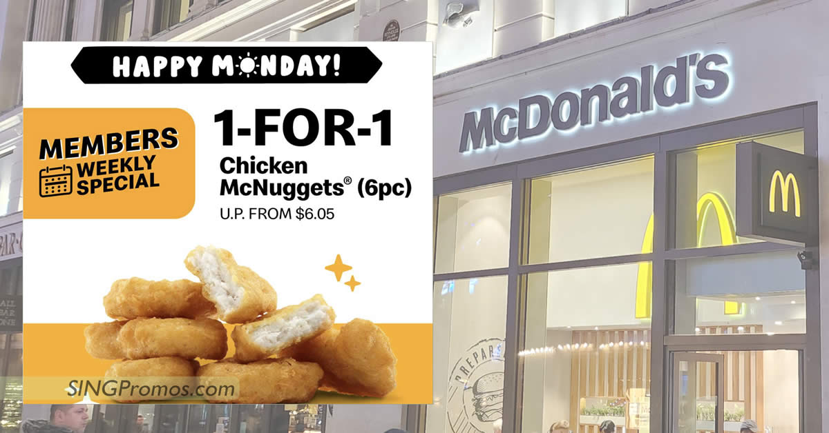 Featured image for McDonald's S'pore offering 1-for-1 Chicken McNuggets (6pc) deal on Monday, 6 Feb 2023