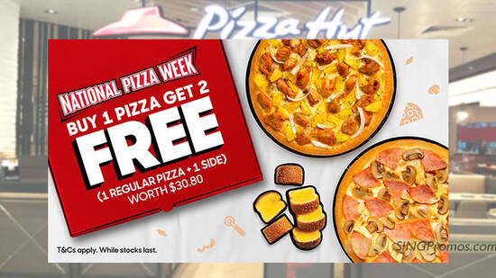Pizza Hut S’pore has a Buy 1 Pizza, Get 2 Free Items promo code for delivery & takeaway till 12 Feb 2023