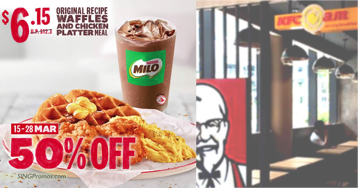 Featured image for KFC S'pore offering 50% off Original Recipe Waffles and Chicken Platter breakfast till 28 March 2023