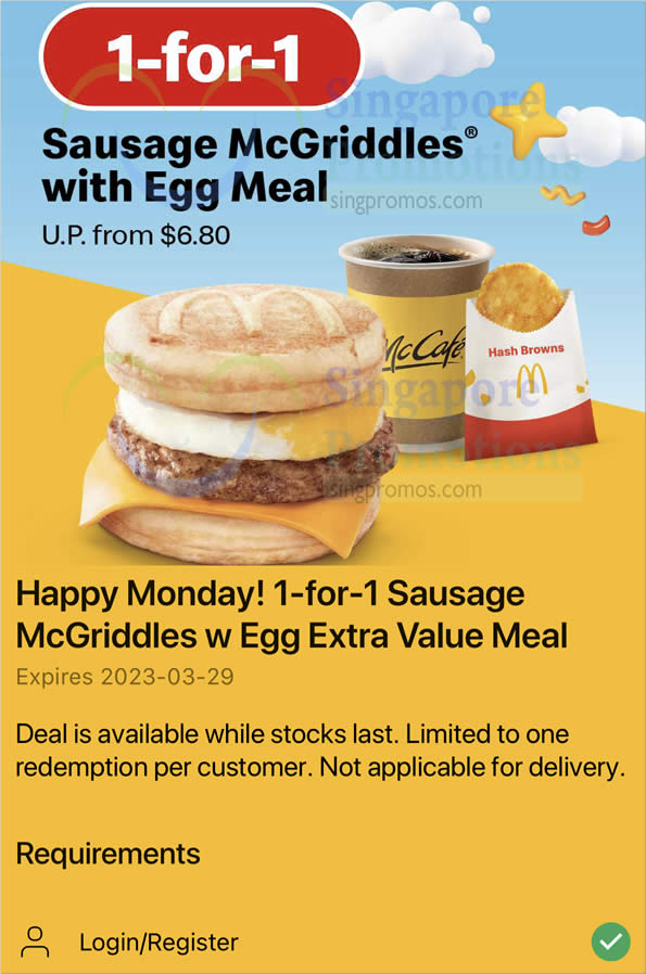 Lobang: McDonald’s 1-for-1 Sausage McGriddles® with Egg Meal deal from 27 – 29 Mar means you pay S$3.40 each - 8