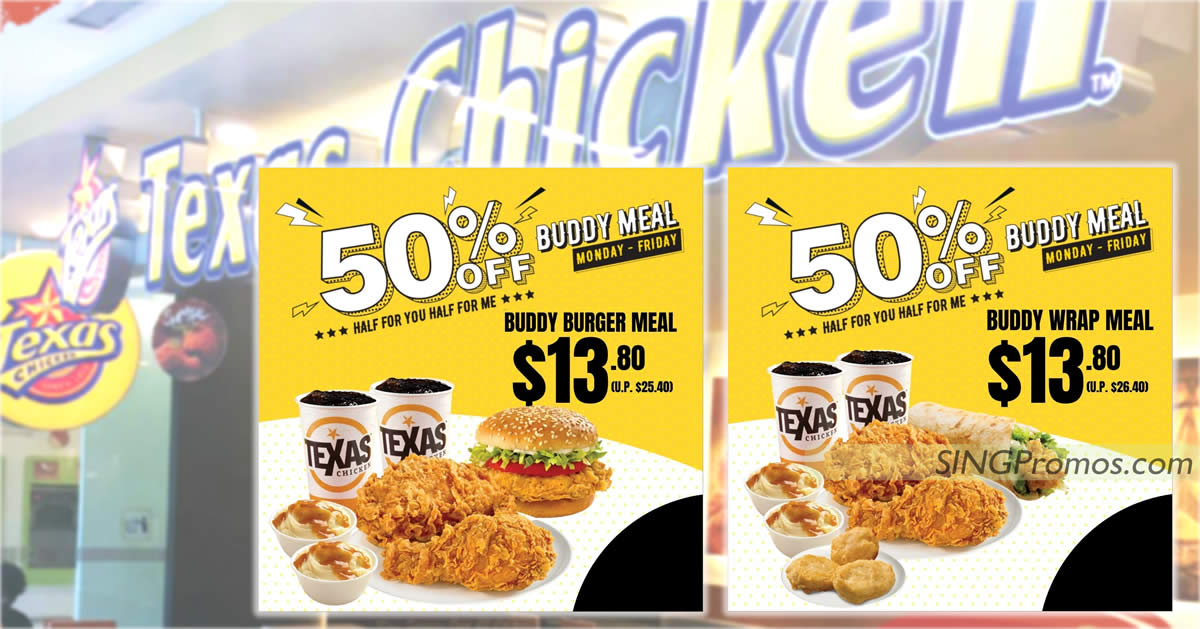 Featured image for Texas Chicken S'pore offering 50% off Burger/Wrap Buddy Meals on weekdays from 22 Mar 2023