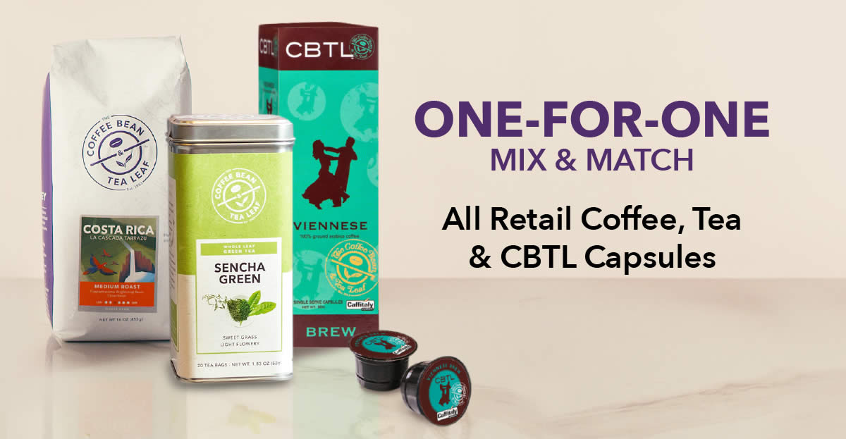 Featured image for Buy-1-Get-1-Free Retail Coffee, Tea and CBTL Capsules at Coffee Bean S'pore outlets, while stocks last