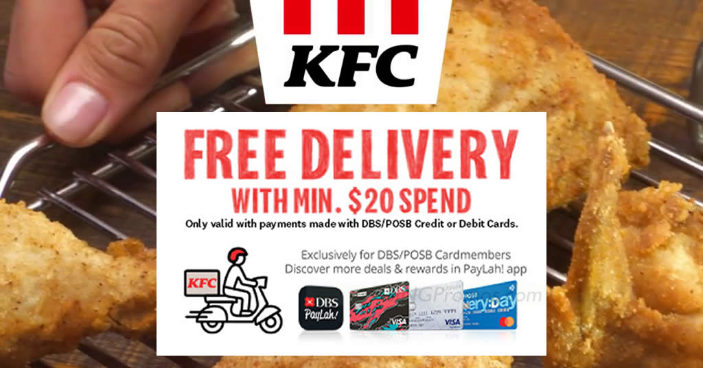 Featured image for KFC Delivery offering FREE delivery with DBS/POSB credit or debit cards till 31 May 2023