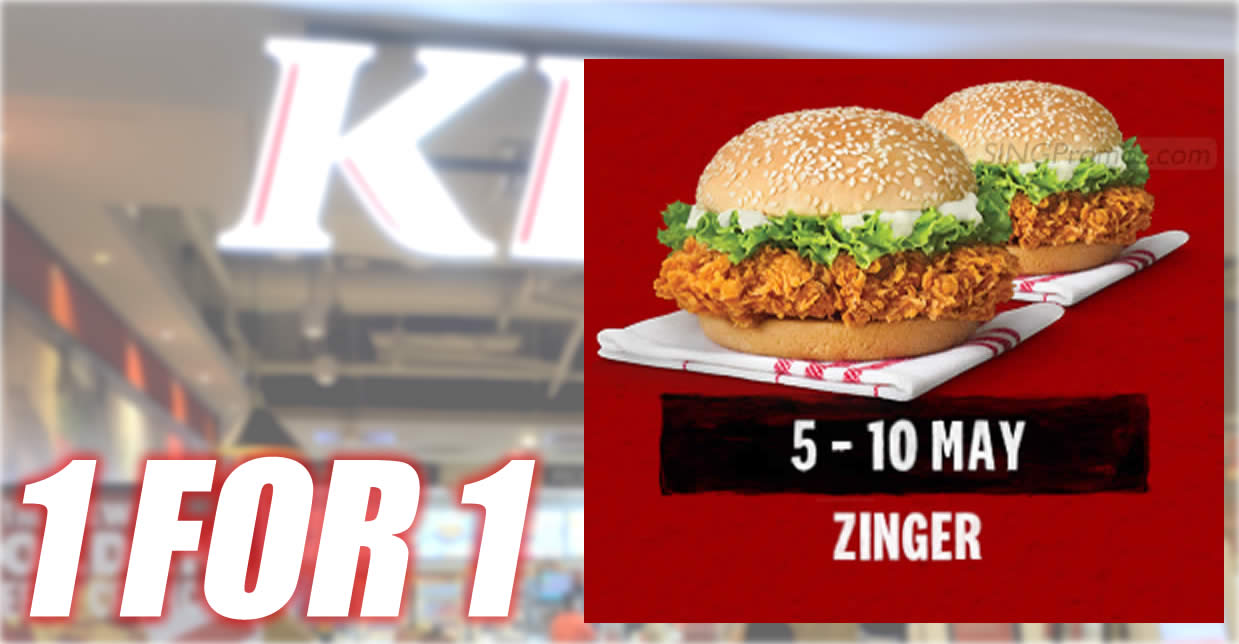 Featured image for KFC S'pore has Buy-1-Get-1-Free Zinger burger deal till 10 May 2023