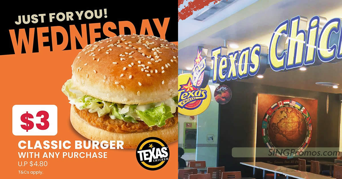 Featured image for Texas Chicken S'pore offering $3 Classic Burger on Wednesdays this May 2023