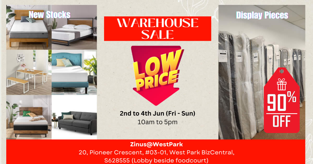 Featured image for Up to 90% off Mattresses, Bedframes, Sofa and more at Zinus Warehouse Sale (2nd to 4th June 2023)