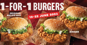 Featured image for (EXPIRED) KFC S’pore offering 1-for-1 Zinger Burger and Original Recipe Burger till 22 June 2023