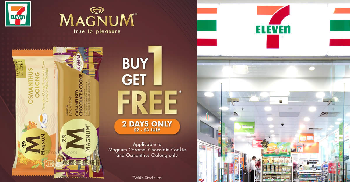 Featured image for 7-Eleven S'pore has Buy One Get One Free for Magnum Ice Cream from 22 - 23 July 2023