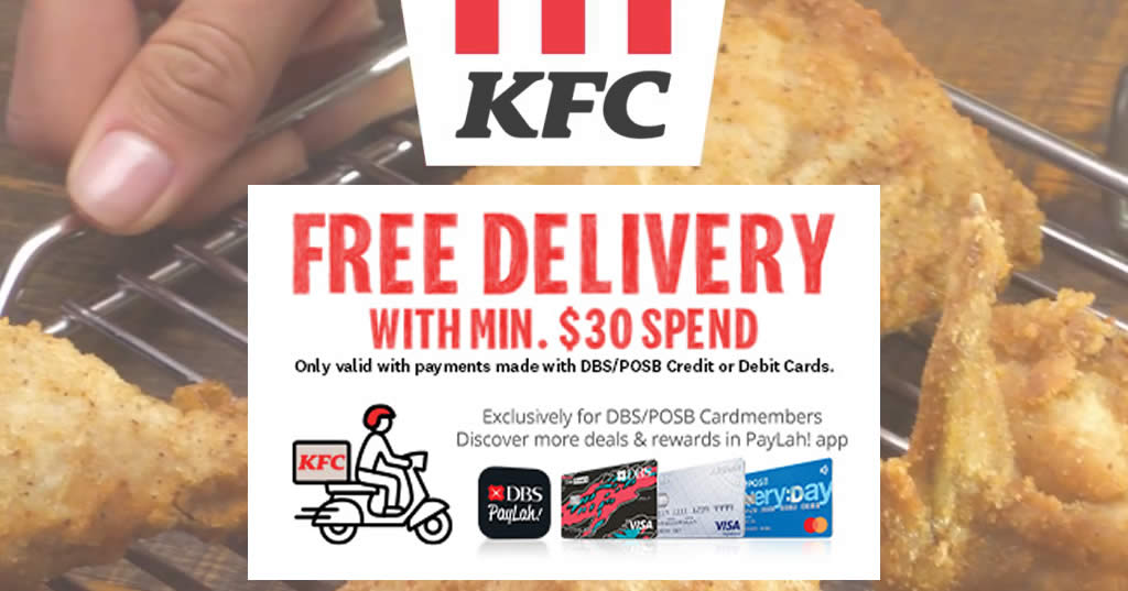 Featured image for KFC Delivery offering FREE delivery with DBS/POSB credit or debit cards till 31 August 2023