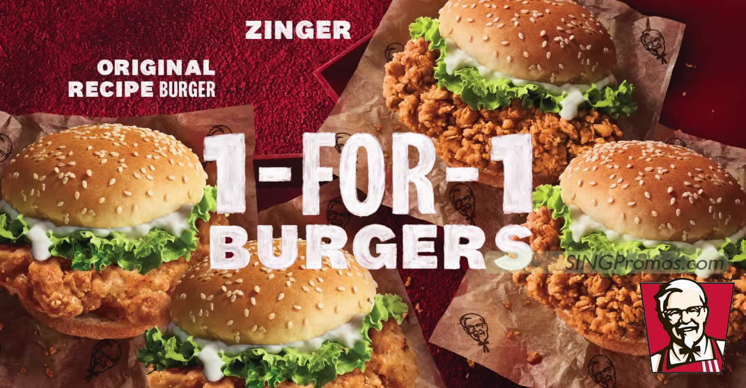Featured image for KFC S'pore has 1-for-1 Zinger Burgers and Original Recipe Burgers deal from 24 - 27 July 2023
