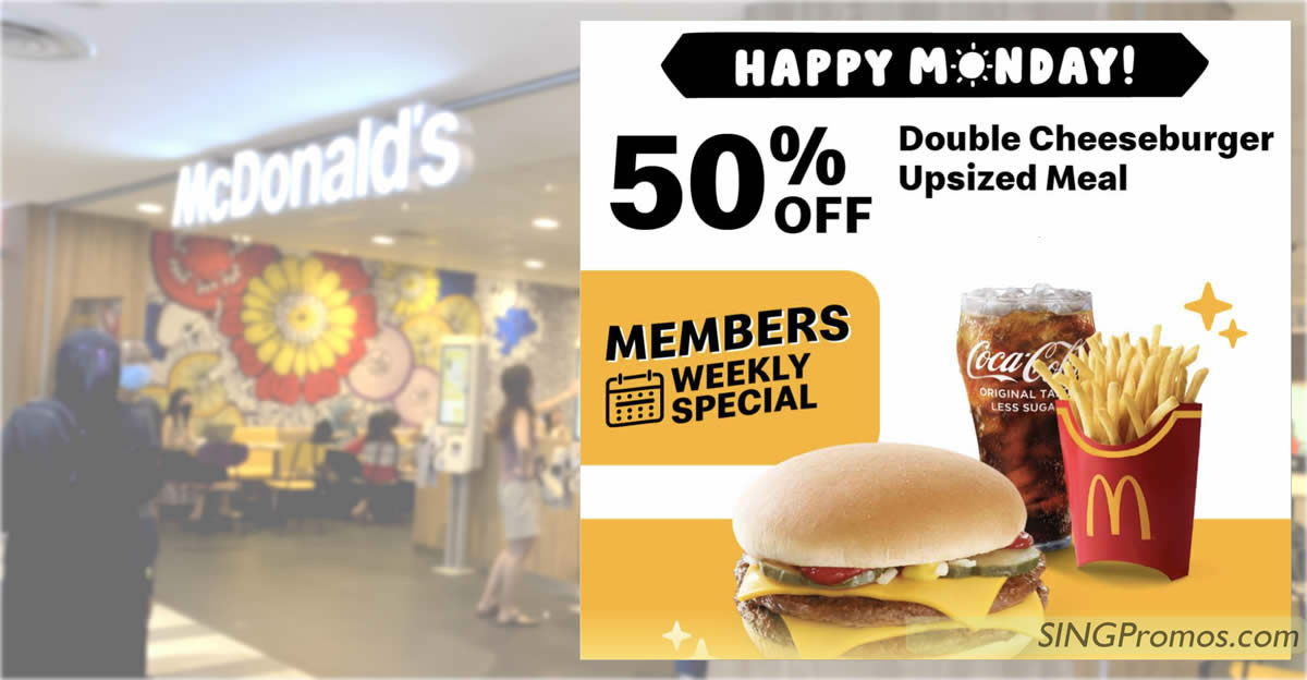 Featured image for McDonald's S'pore App has a 50% off Double Cheeseburger Upsized Meal deal on 10 July 2023, 11am - 3pm