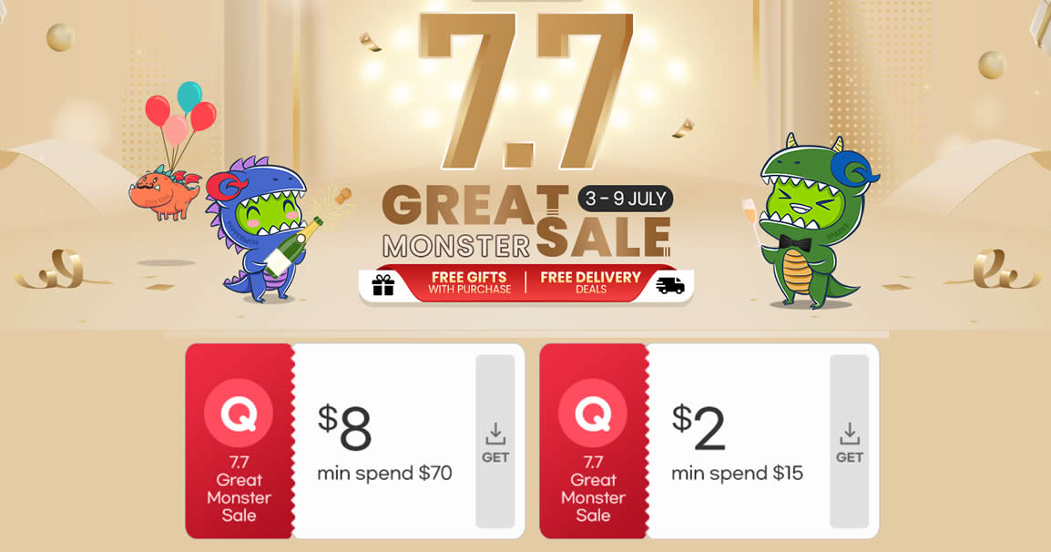 Featured image for Qoo10 S'pore offering $2 and $8 7.7 Monster Sale cart coupons till 5 Jul 2023