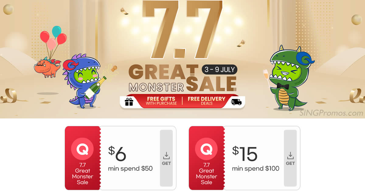Featured image for Qoo10 S'pore offering $6 and $15 7.7 Monster Sale cart coupons on 7 Jul 2023