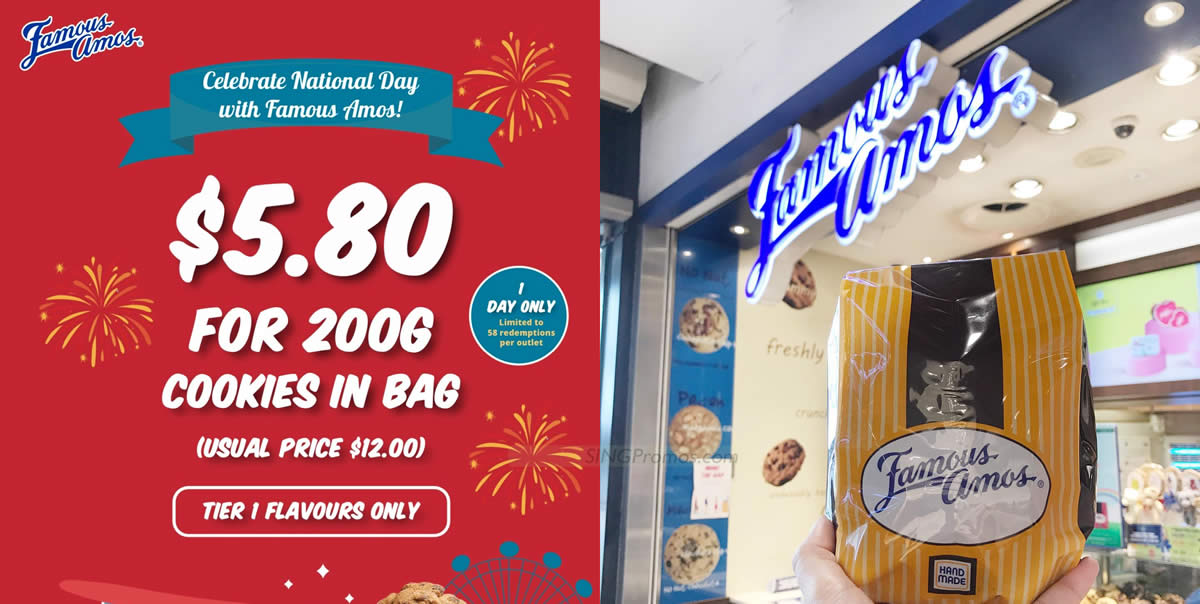 Featured image for Famous Amos S'pore selling 200g cookies in a bag for only $5.80 at all outlets on 9 Aug 2023