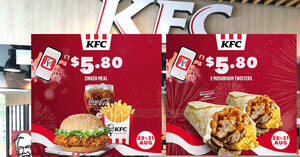 Featured image for KFC S’pore has $5.80 Zinger Meal, $5.80 2 Mushroom Twisters and more App deals till 31 Aug 2023