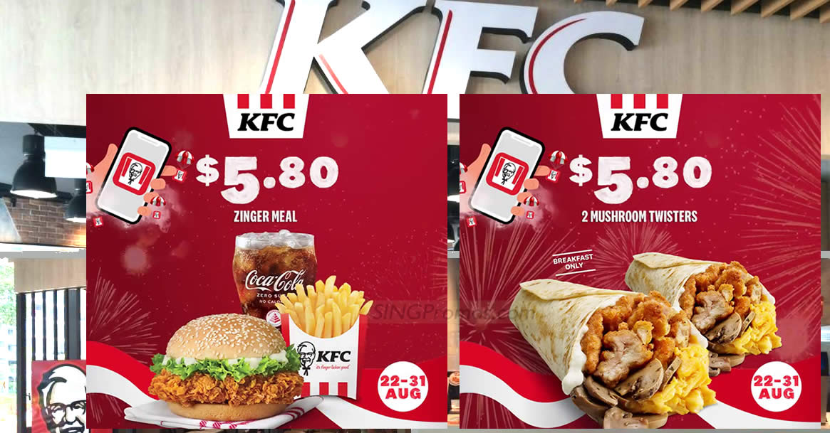 Featured image for KFC S'pore has $5.80 Zinger Meal, $5.80 2 Mushroom Twisters and more App deals till 31 Aug 2023