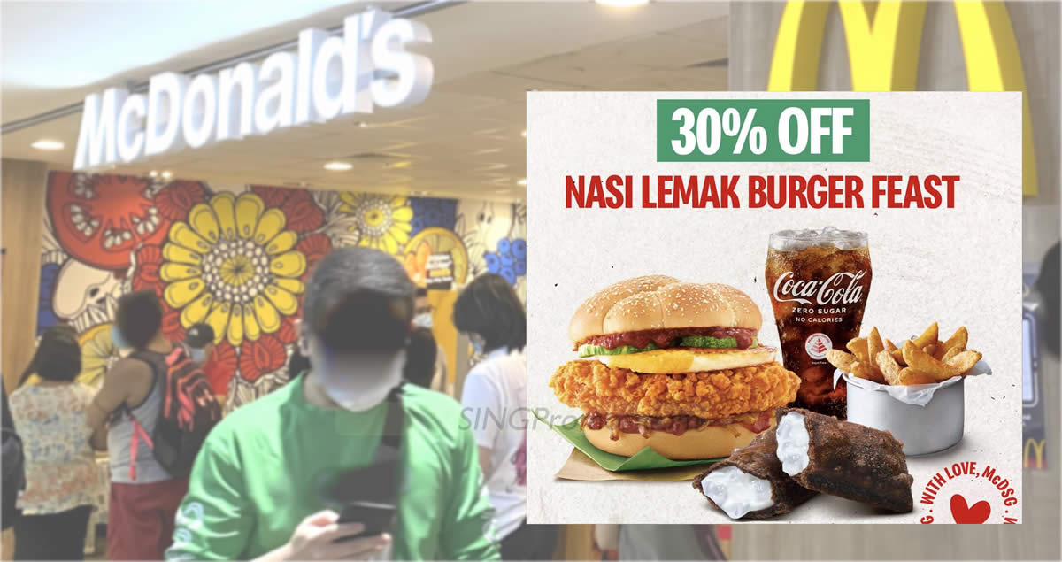 Featured image for McDonald's S'pore offering 30% off Nasi Lemak Burger Feast deal till 16 Aug 2023