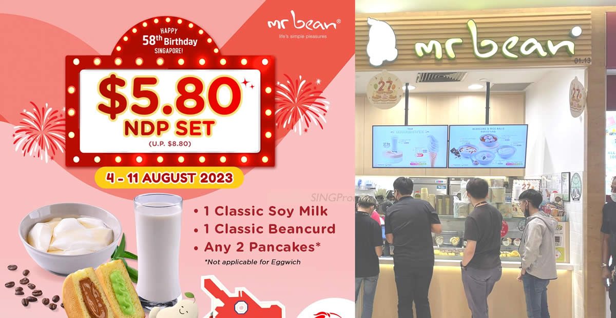 Featured image for Mr Bean selling $5.80 set consisting of 1 Classic Soy Milk + 1 Classic Beancurd + Any 2 Pancakes till 11 Aug 2023