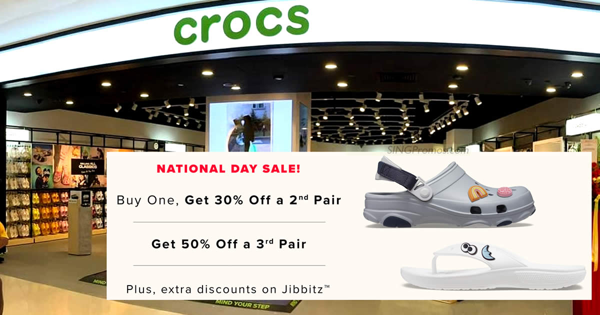 Featured image for Crocs National Day sale offers 30% off 2nd pair, 50% off 3rd pair and more offers till 12 Aug 2023