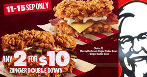Featured image for KFC S’pore selling crowd favourite Double Down burgers at 2-for-$10 from 11 – 15 Sep 2023