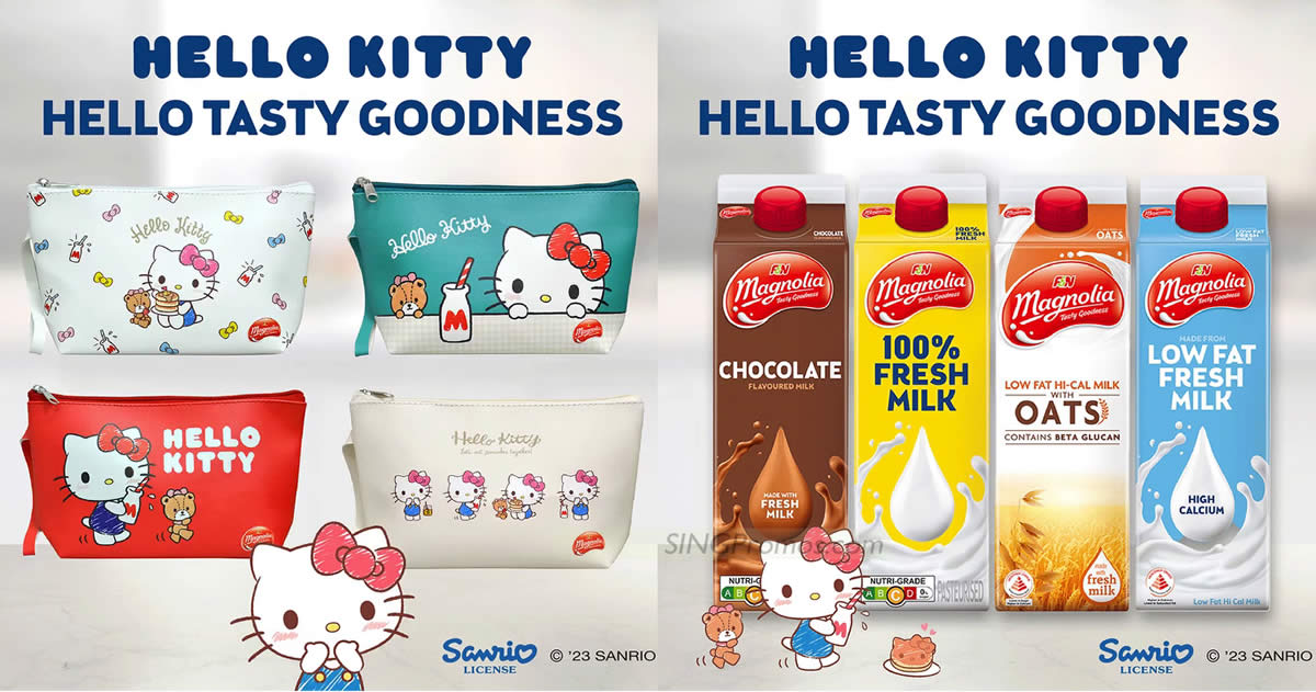 Featured image for Get a free Hello Kitty pouch worth $12 with every 2 packs of F&N Magnolia milk purchase from 20 Sep 2023
