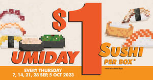 Featured image for Umisushi S’pore brings back $1 sushi per box deal on Thursdays at most outlets till 5 Oct 2023