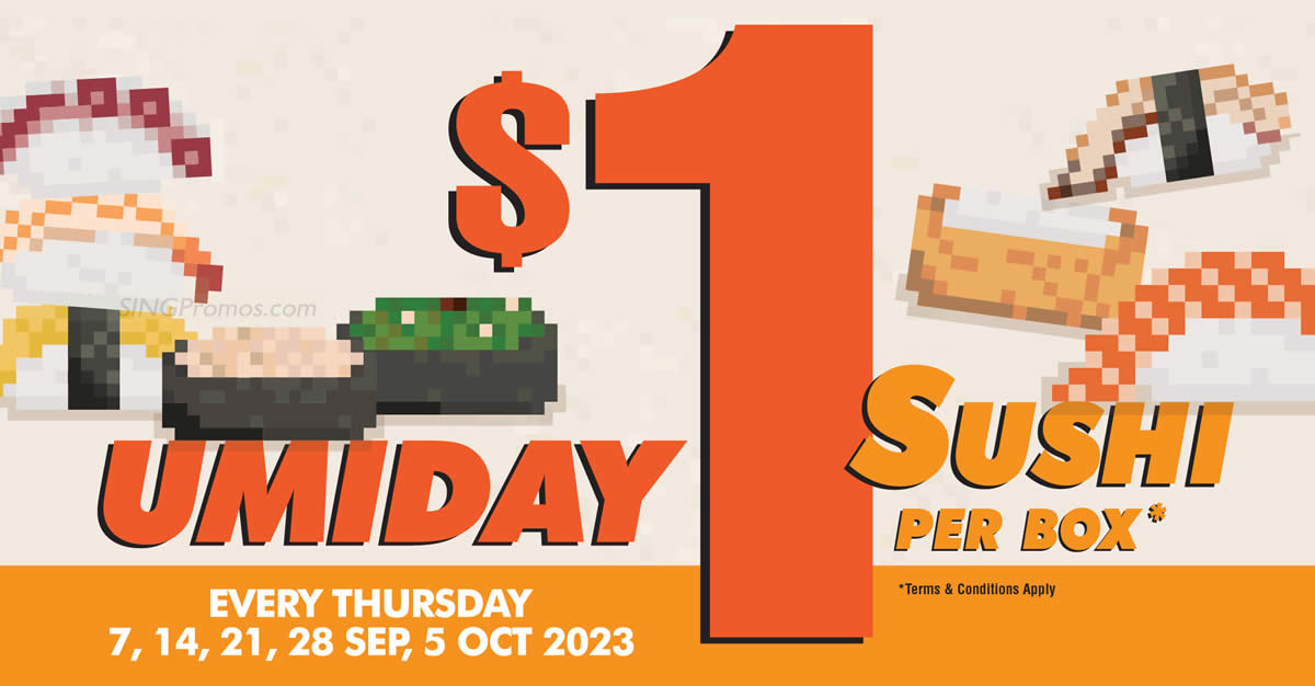 Featured image for Umisushi S'pore brings back $1 sushi per box deal on Thursdays at most outlets till 5 Oct 2023