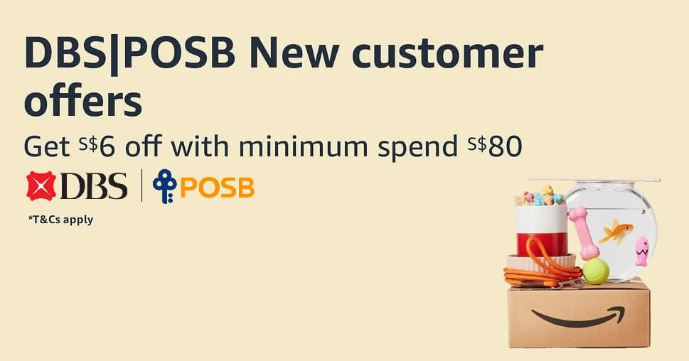 Featured image for Amazon.sg giving new customers S$6 off when you spend min S$80 with DBS/POSB cards till 31 Oct 2023