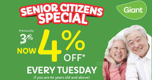 Featured image for Giant S’pore offers senior citizens 4% every Tuesday at Giant stores islandwide from 31 Oct 2023