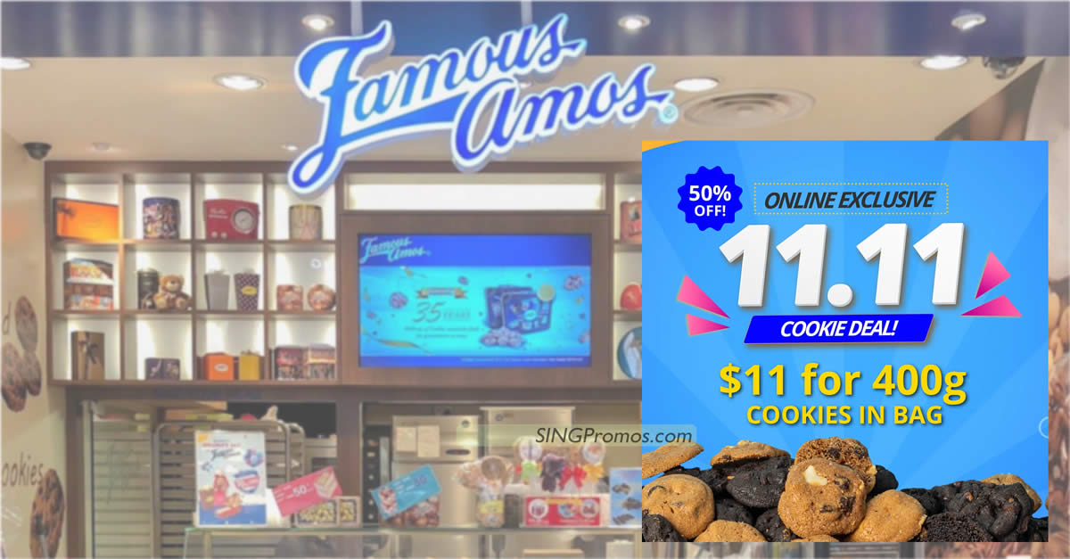 Featured image for (Sold out!) Famous Amos S'pore offering 400g cookies in bag for $11 (50% off) for online orders on 11 Nov 2023