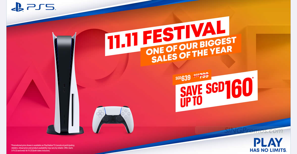 Featured image for Sony 11.11 Festival promotion offers up to S$160 off PlayStation 5 console from 3 - 16 Nov 2023