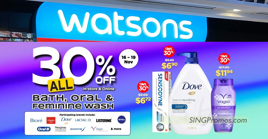 Featured image for Watsons S'pore offering 30% off all Bath, Oral & Feminine Wash till 19 Nov 2023